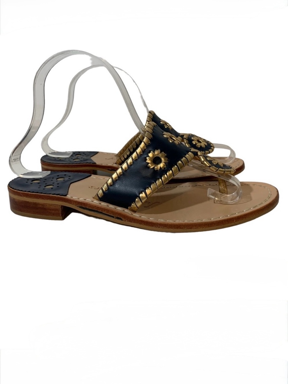Jack Rogers 7M Nantucket gold whipstitch slip on sandal slight heel leather